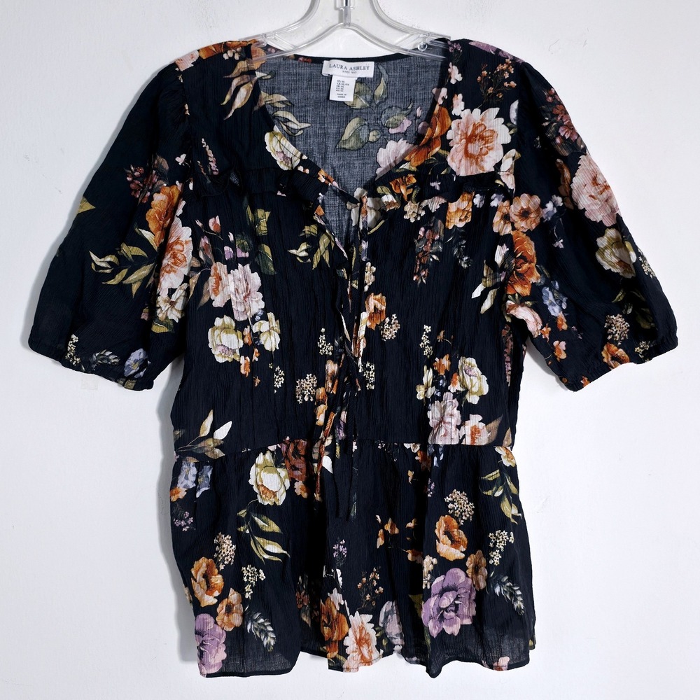 Laura Ashley Crinkled Blouse Womens Size XL Black Floral Peplum Tie Front EUC - Picture 3 of 9